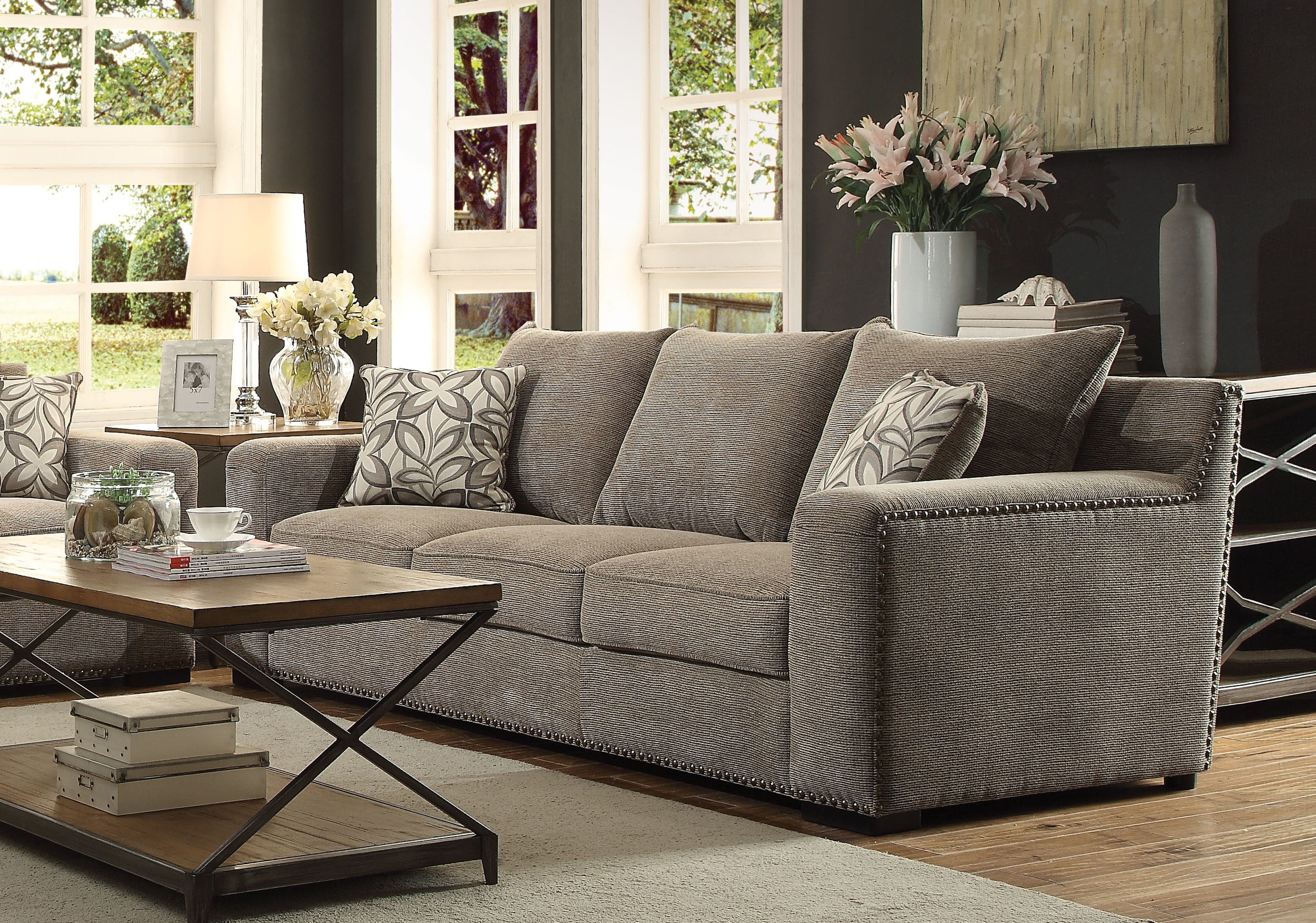 ACME Ushury Down Feather Sofa with 2 Pillows in Gray Chenille