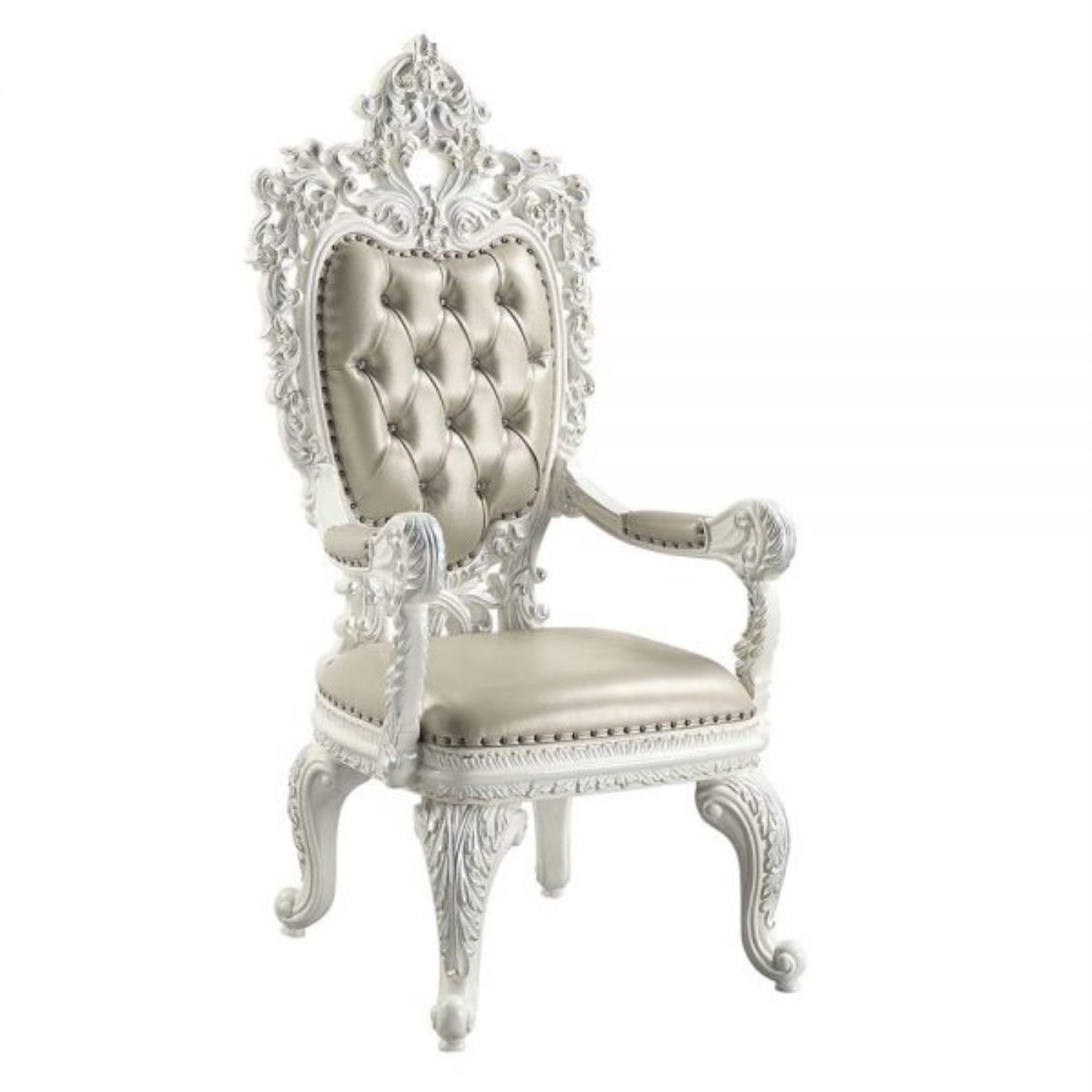 Antique White Floral Faux Leather Arm Chairs, Set of 2
