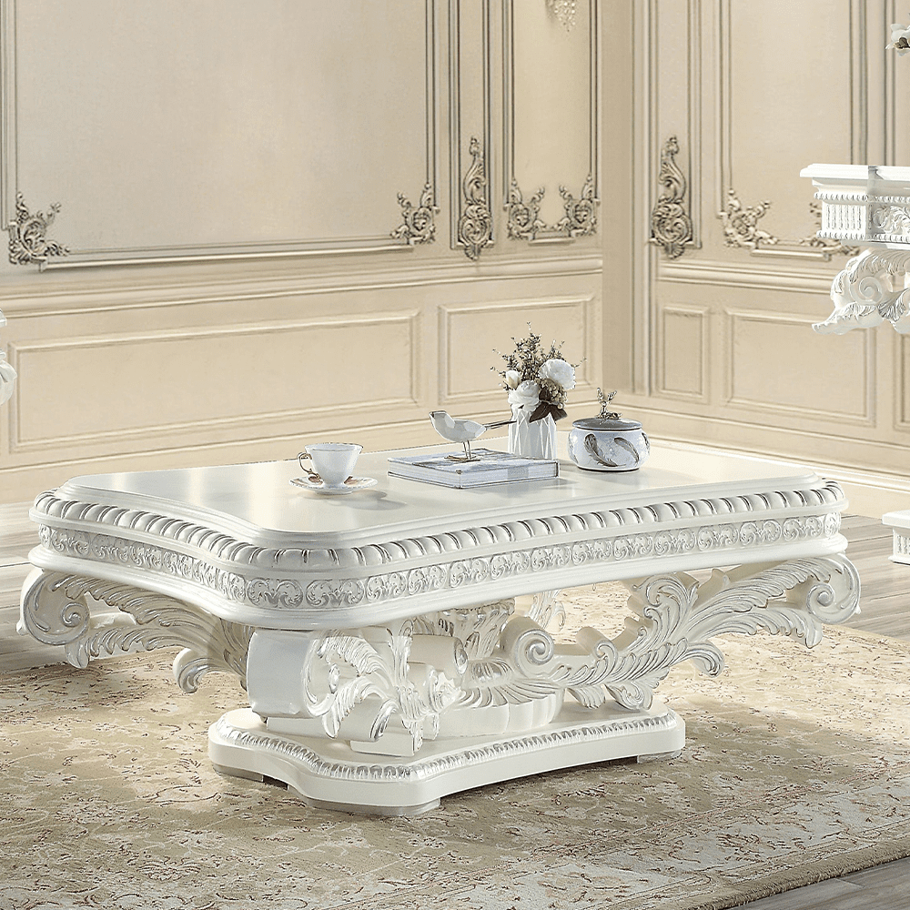 Antique White Ornate Rectangular Wood Coffee Table