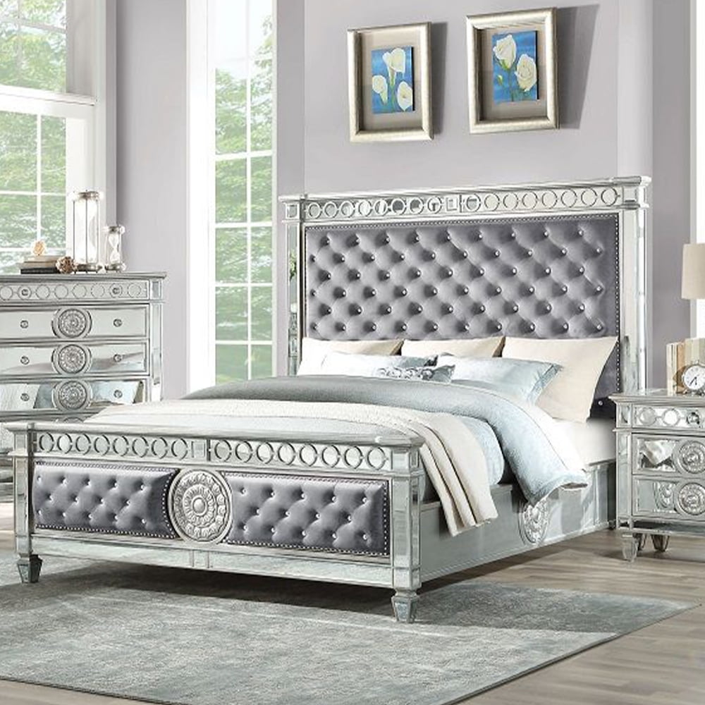 Varian Gray Velvet Upholstered Queen Bed with Mirrored Accents