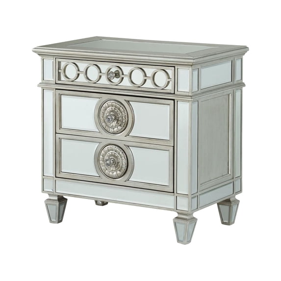 ACME Varian 3-Drawer Wooden Nightstand with Sunburst Trim in Silver Mirrored