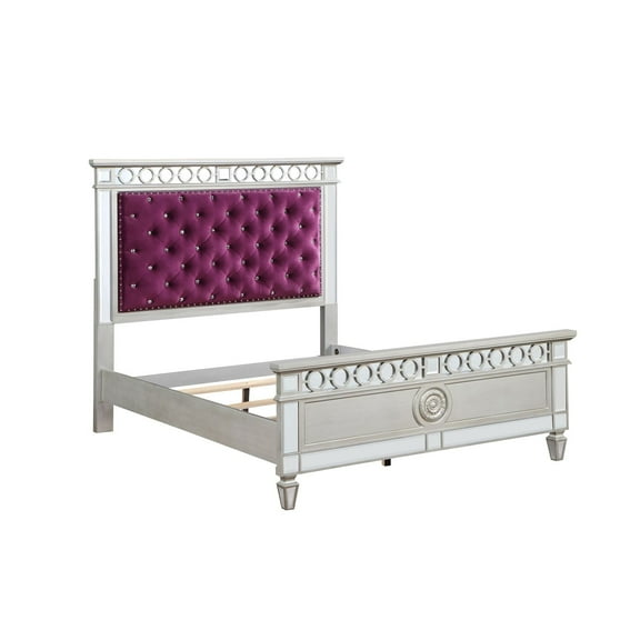 ACME Varian Tufted Velvet Upholstery Twin Bed in Burgundy and Silver