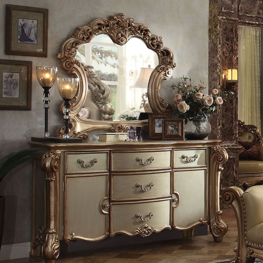 Gold Patina and Bone Traditional Dresser with Felt Lined Drawers