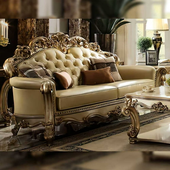 ACME Vendome Faux Leather Tufted Loveseat with 3 Pillows in Bone and Gold Patina