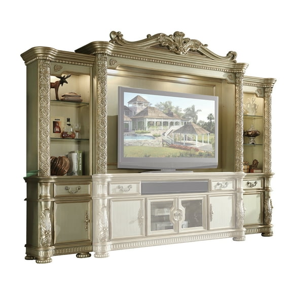 ACME Vendome II Wooden Entertainment Center in Gold Patina and Bone