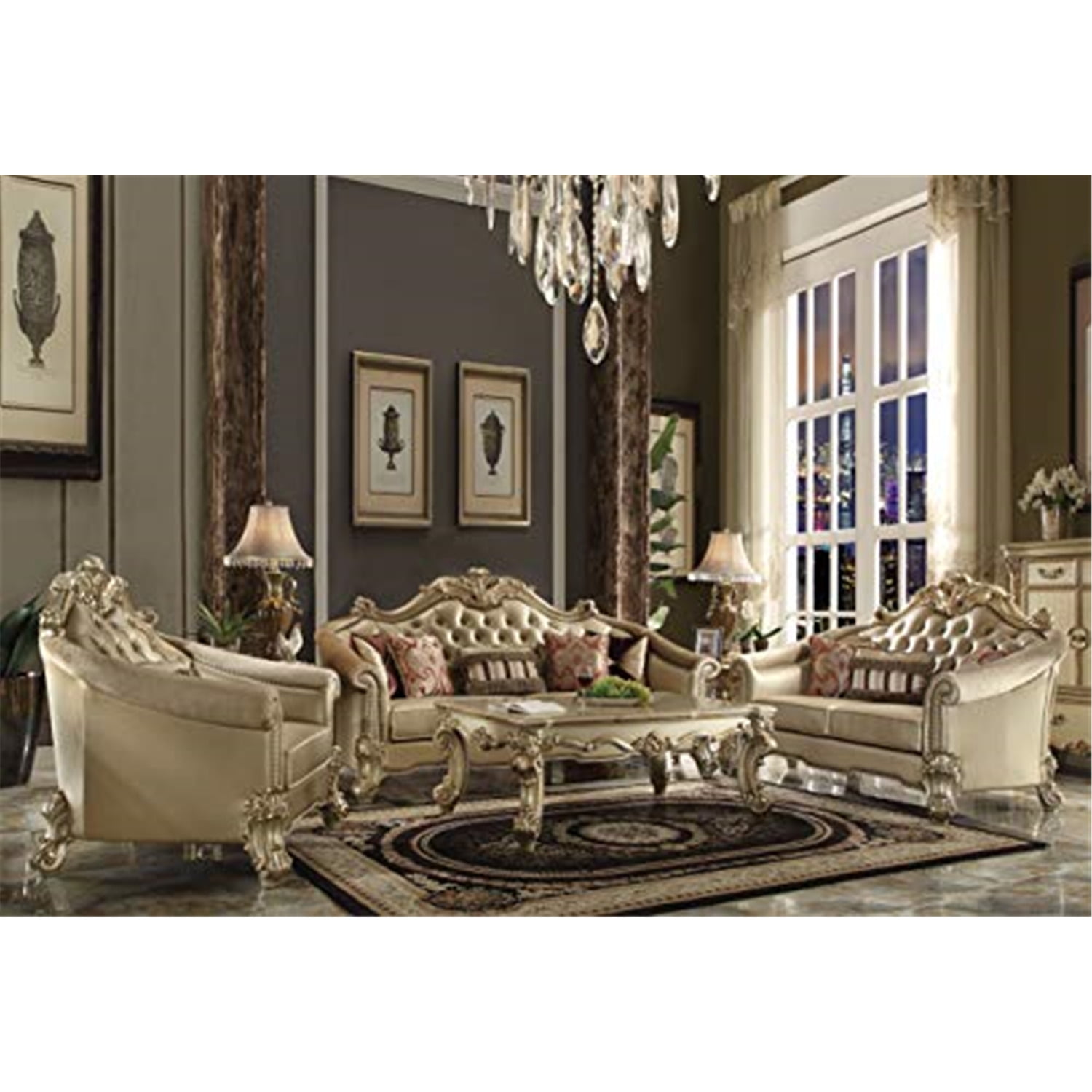 Bone Faux Leather and Gold Patina Tufted Loveseat with Pillows