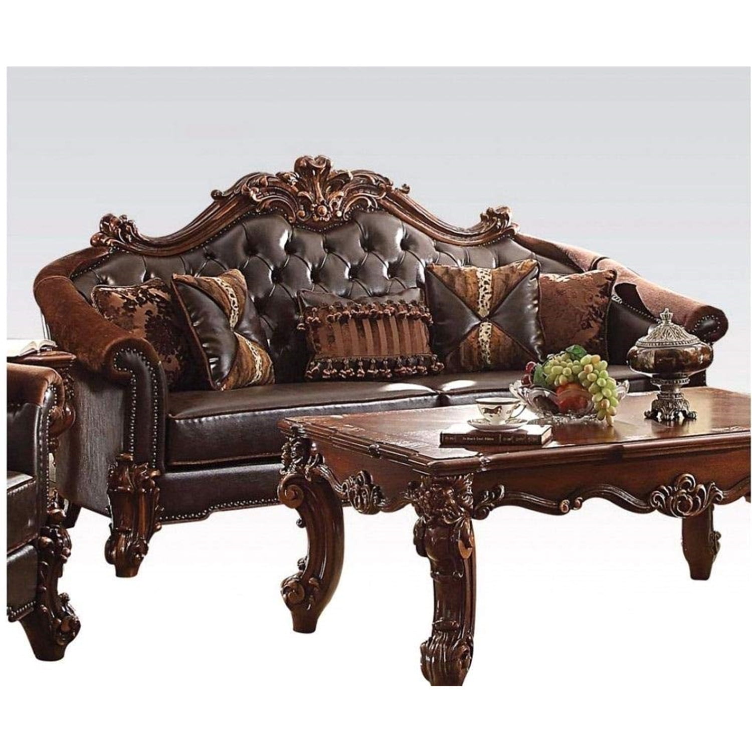 Vendome II Dark Brown Faux Leather Tufted Sofa with Nailhead Trim