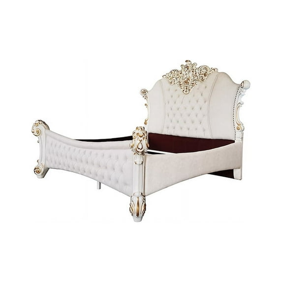 ACME Vendome Queen Bed, Two Tone Ivory Fabric & Antique Pearl Finish