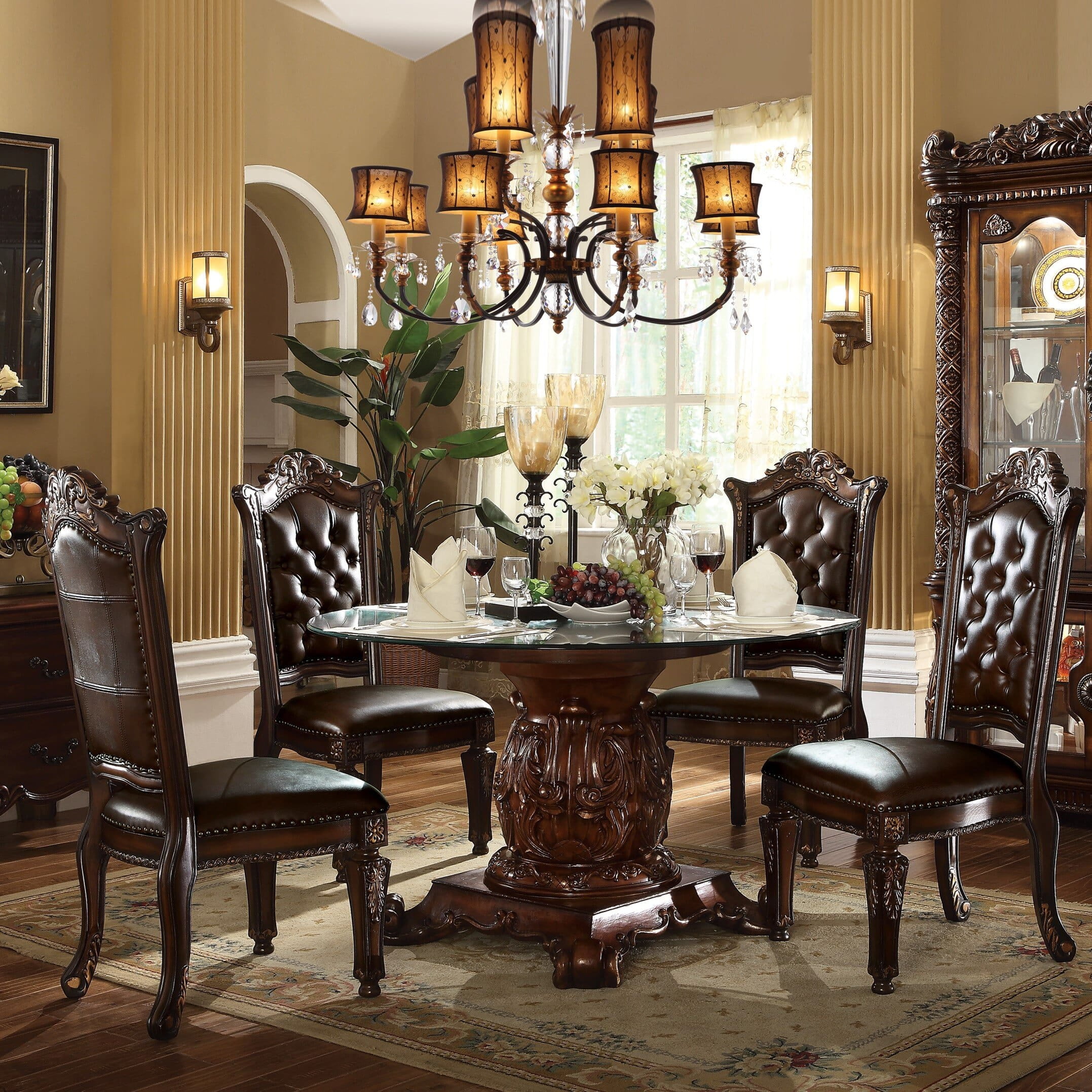 Vendome Cherry and Clear Glass Round Pedestal Dining Table