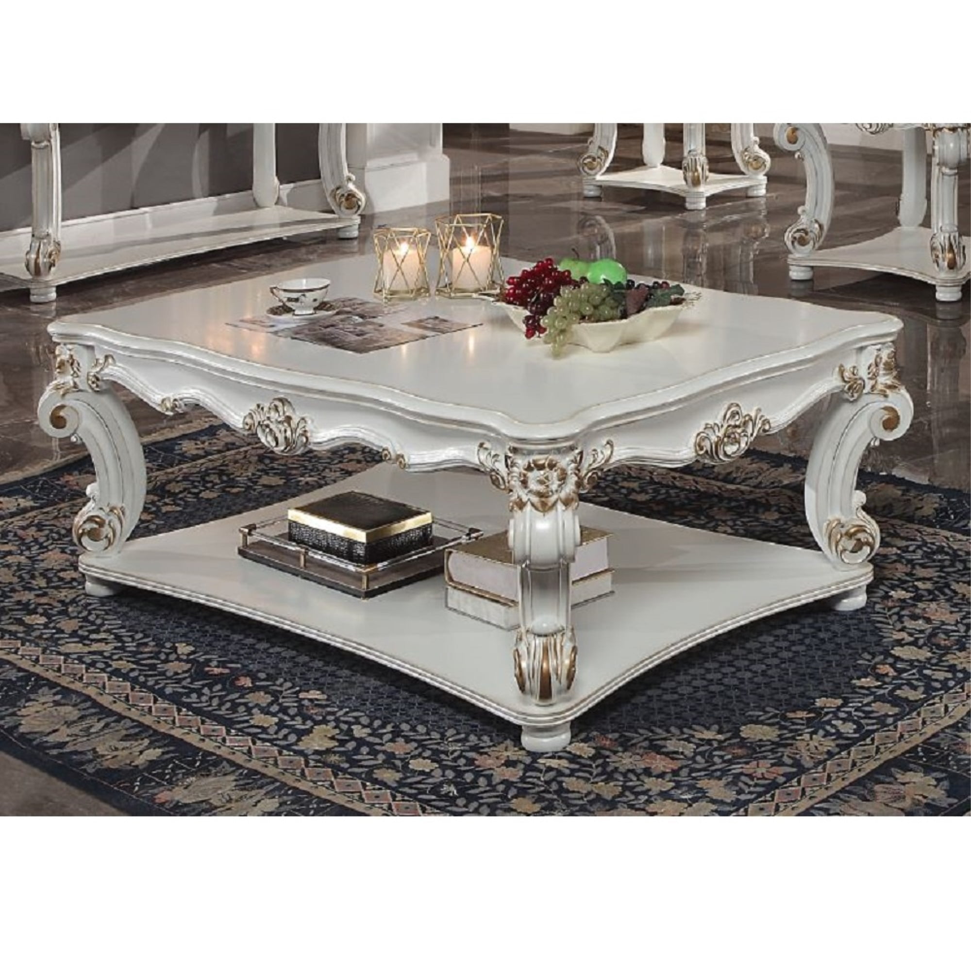 Vendome Antique Pearl Square Coffee Table with Scrolled Legs