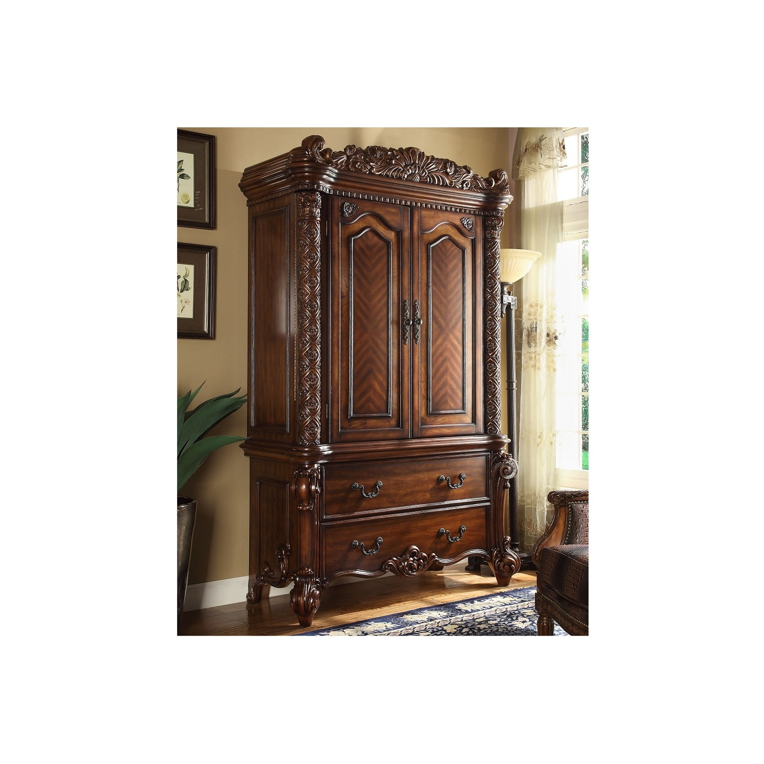 Vendome Cherry Wood Vintage TV Armoire with Ornamental Carvings