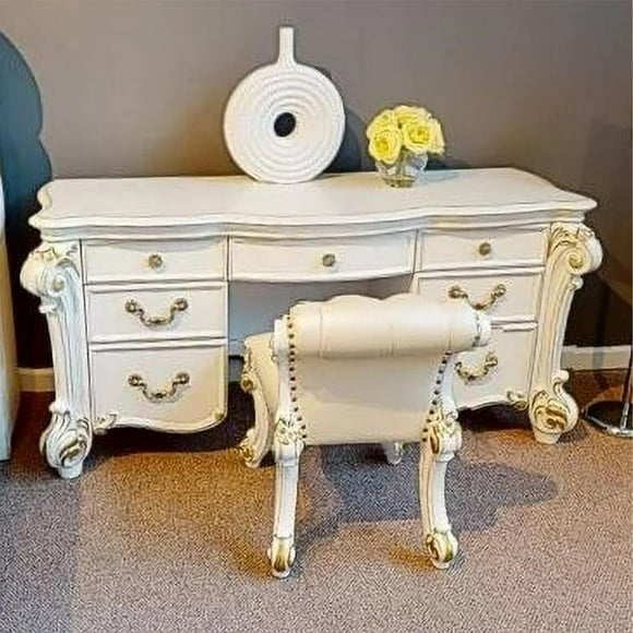 ACME Vendome Transitional Wood/PU Vanity Stool in Beige and Antique Pearl