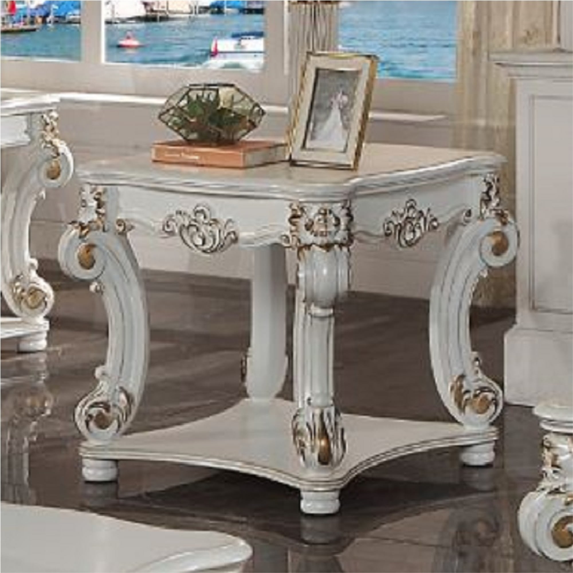 Vendome Antique Pearl Wood and Metal Scrolled Side Table