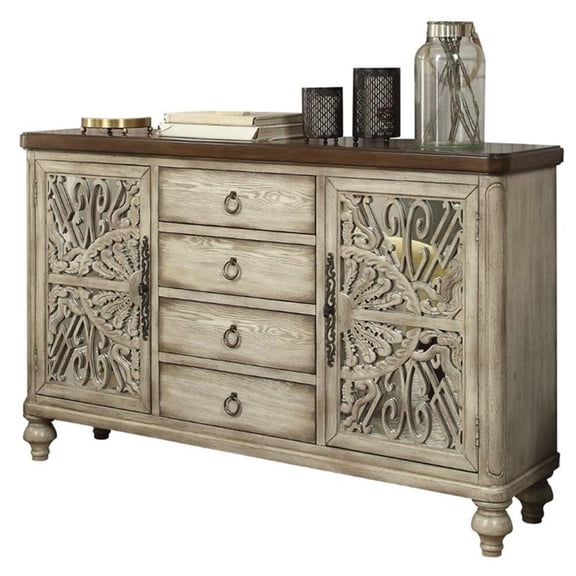 ACME Vermont 4-Drawer Wooden Console Table with 2 Door in Antique White