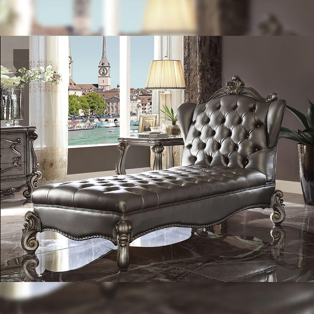 Silver Faux Leather Tufted Chaise Lounge with Ornate Wood Trim