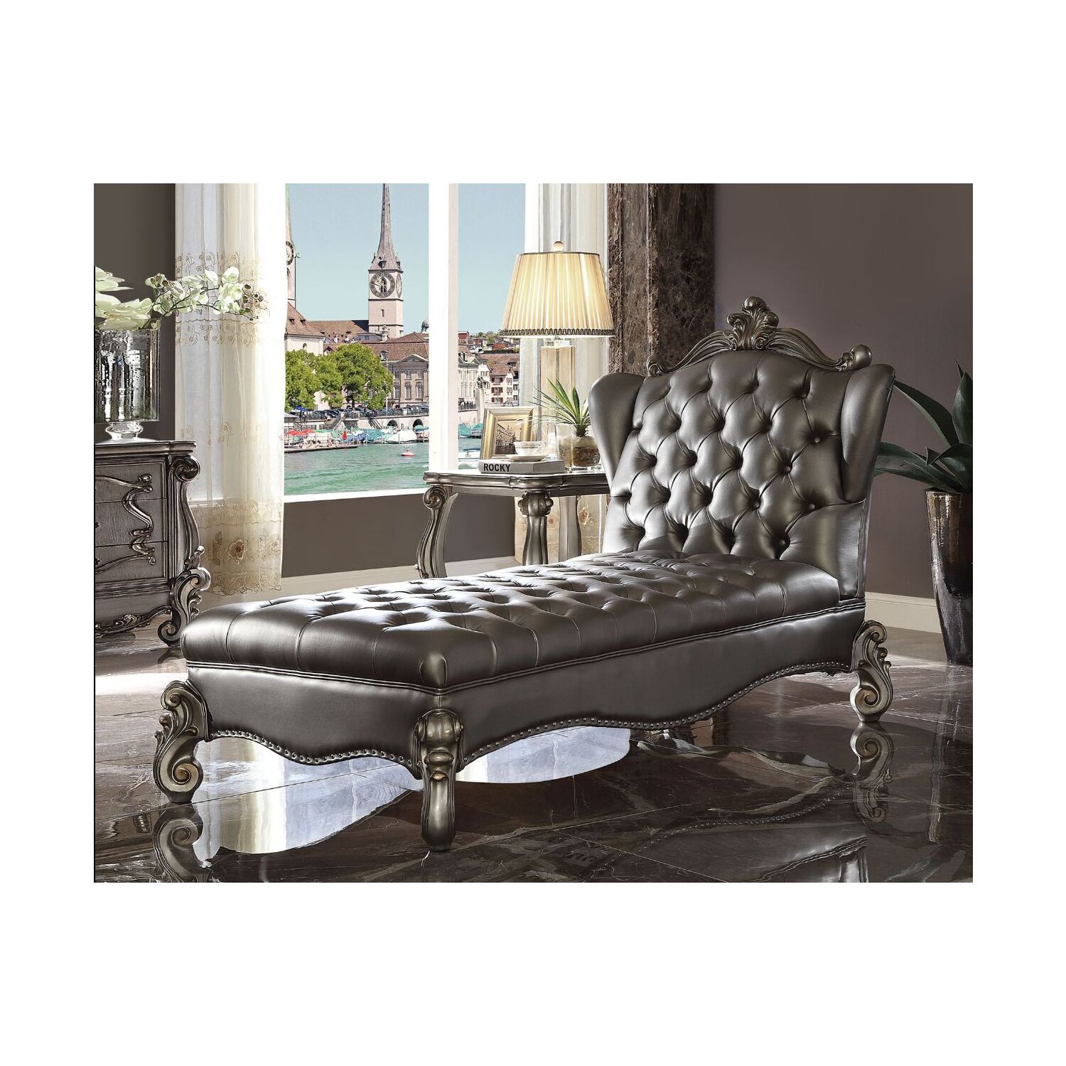 ACME Versailles Faux Leather Tufted Chaise Lounge in Silver and Antique