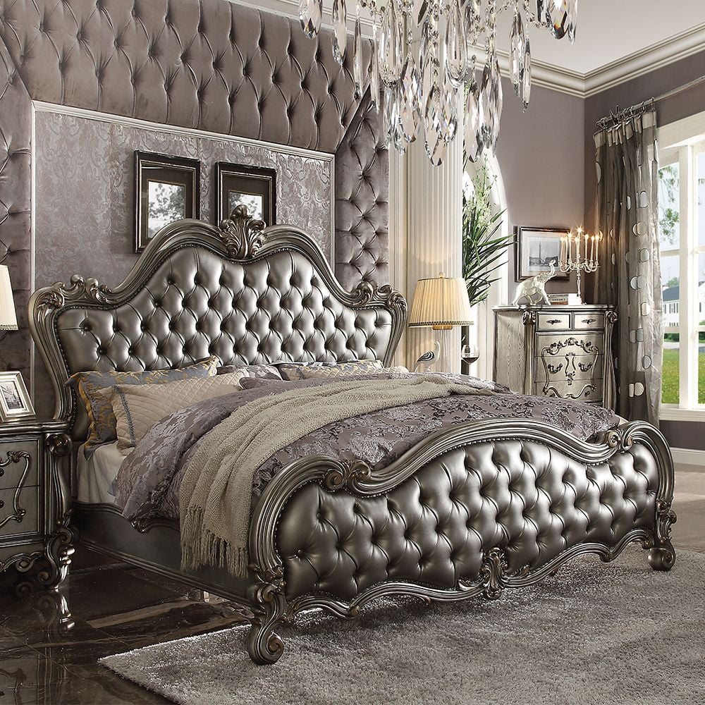 ACME Versailles II Queen Bed, Silver PU & Antique Platinum