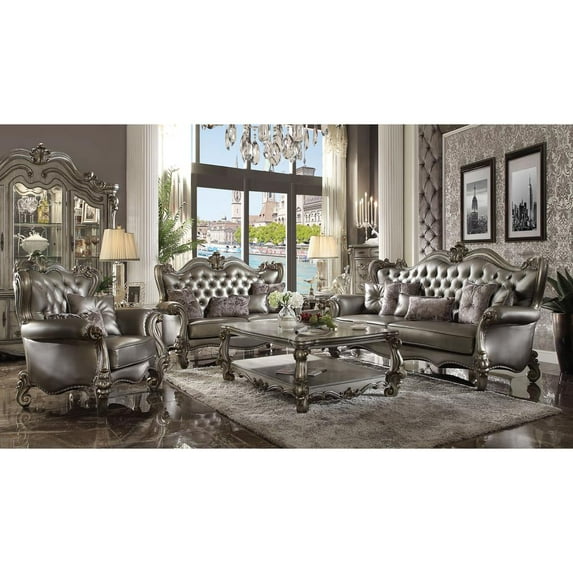 Acme Furniture Versailles Loveseat w/4 Pillows, Silver PU & Antique Platinum (56821)