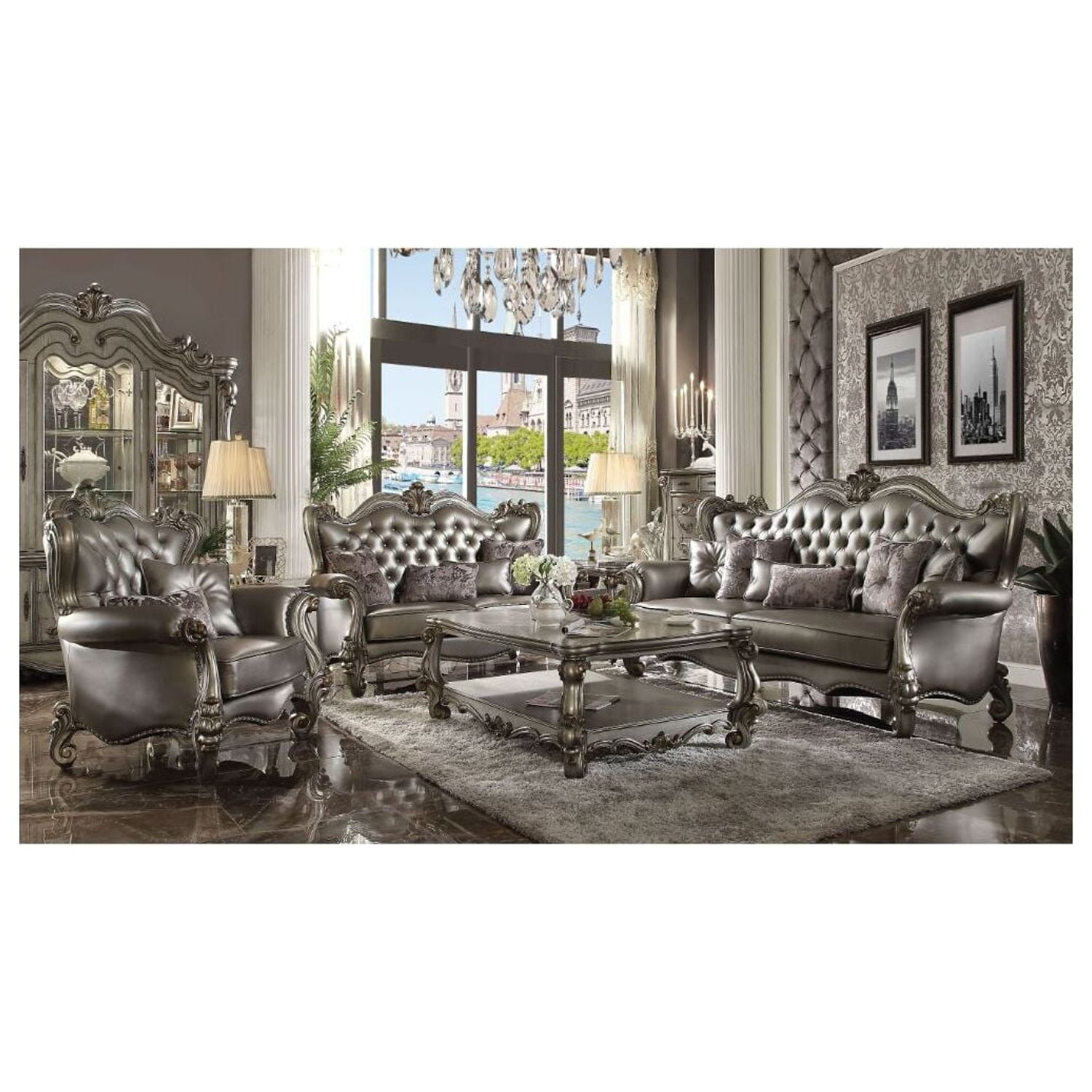 Versailles Silver Faux Leather Tufted Loveseat with Nailhead Trim