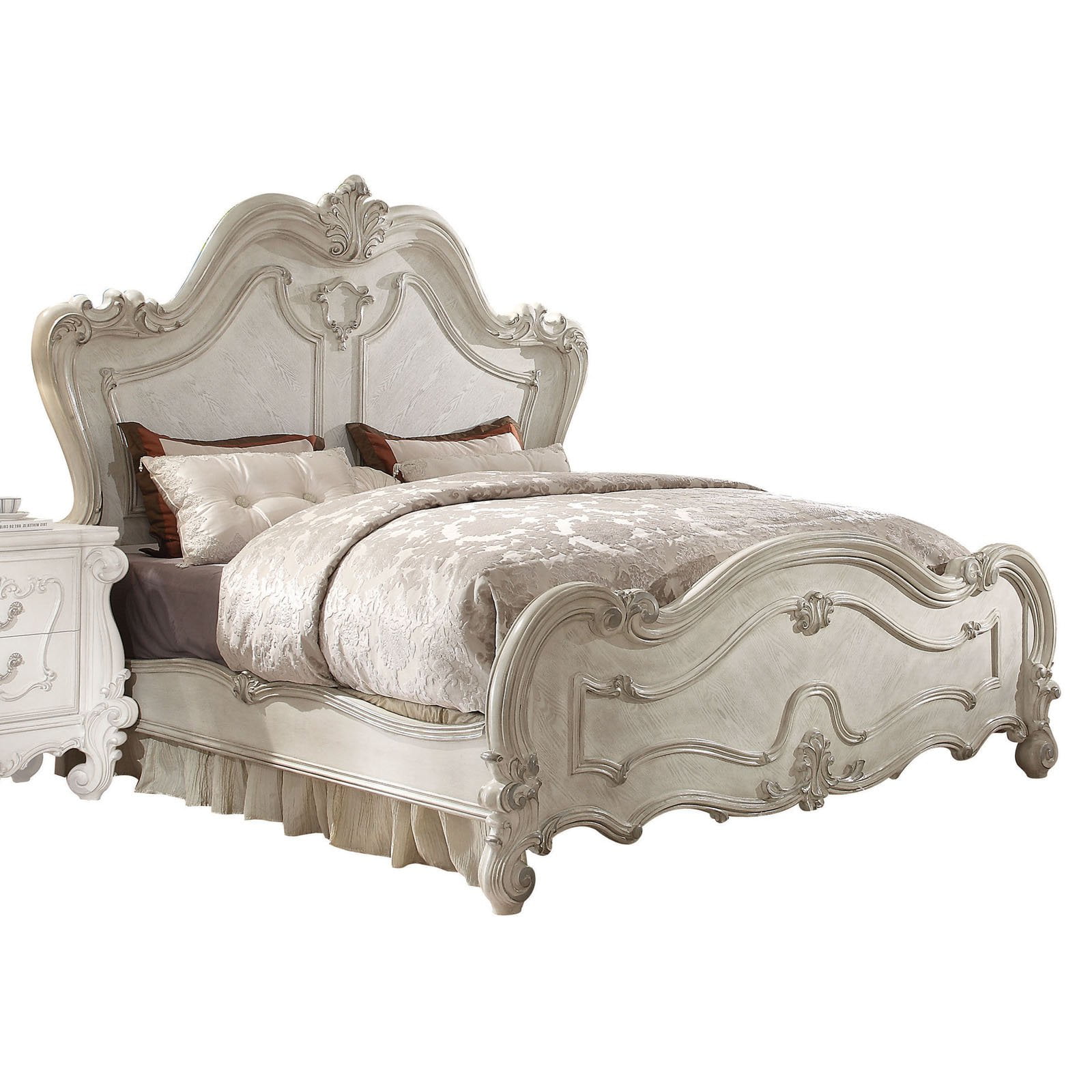 Versailles Queen Bone White Wood Panel Bed with Drawers