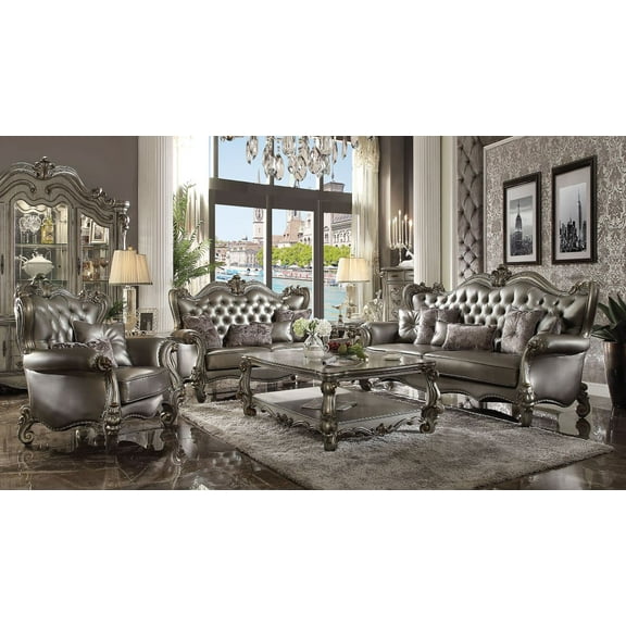 ACME Versailles Sofa w/6 Pillows, Silver Synthetic Leather & Antique Platinum