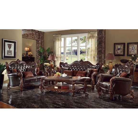 ACME Versailles Sofa w/7 Pillows, Two Tone Dark Brown Synthetic Leather & Cherry Oak