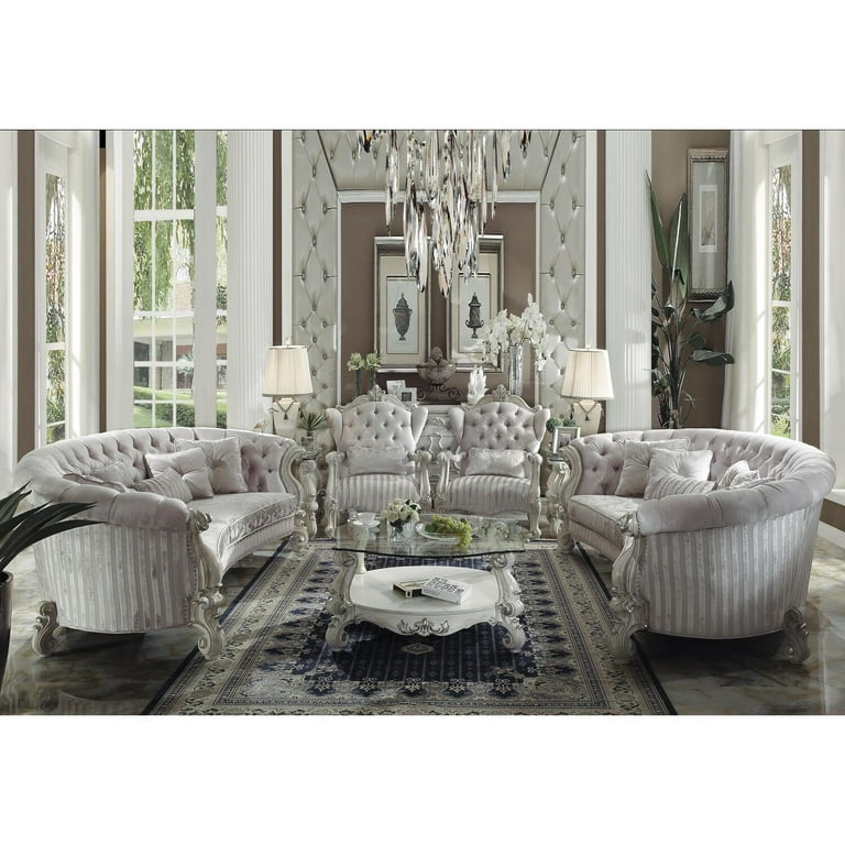 ACME Versailles Sofa with 5 Pillows in Ivory Velvet and Bone White ...