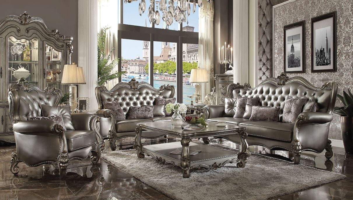 Antique Platinum Tufted Sofa with Nailhead Trim and Rolled Arms
