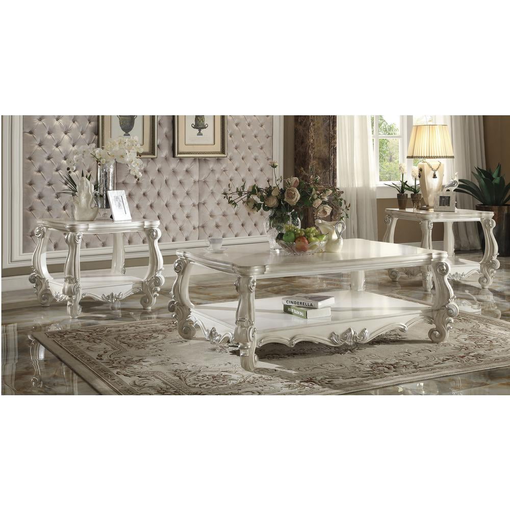 ACME Versailles Square Wood End Table with Bottom Shelf in Bone