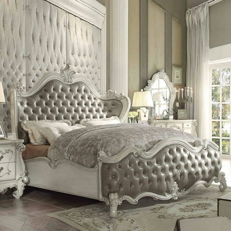 Acme Versailles Eastern King Bed Vintage Gray Synthetic Leather & Bone White
