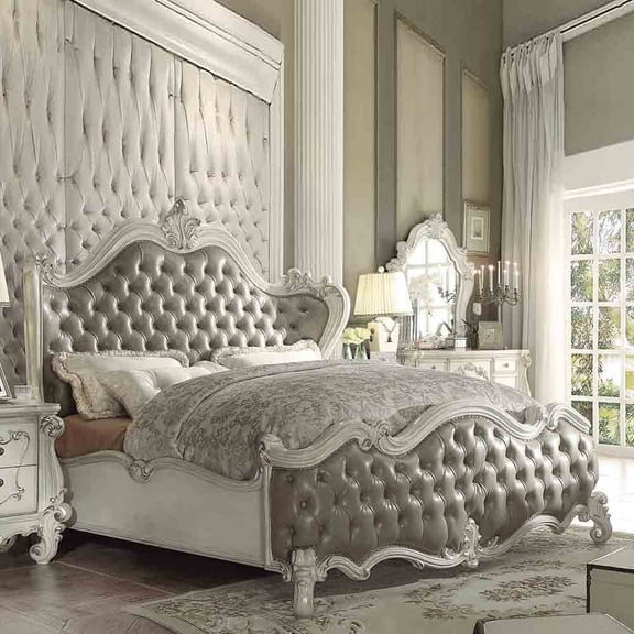 ACME Versailles Tufted Queen Wings Panel Bed in Vintage Gray and Bone White
