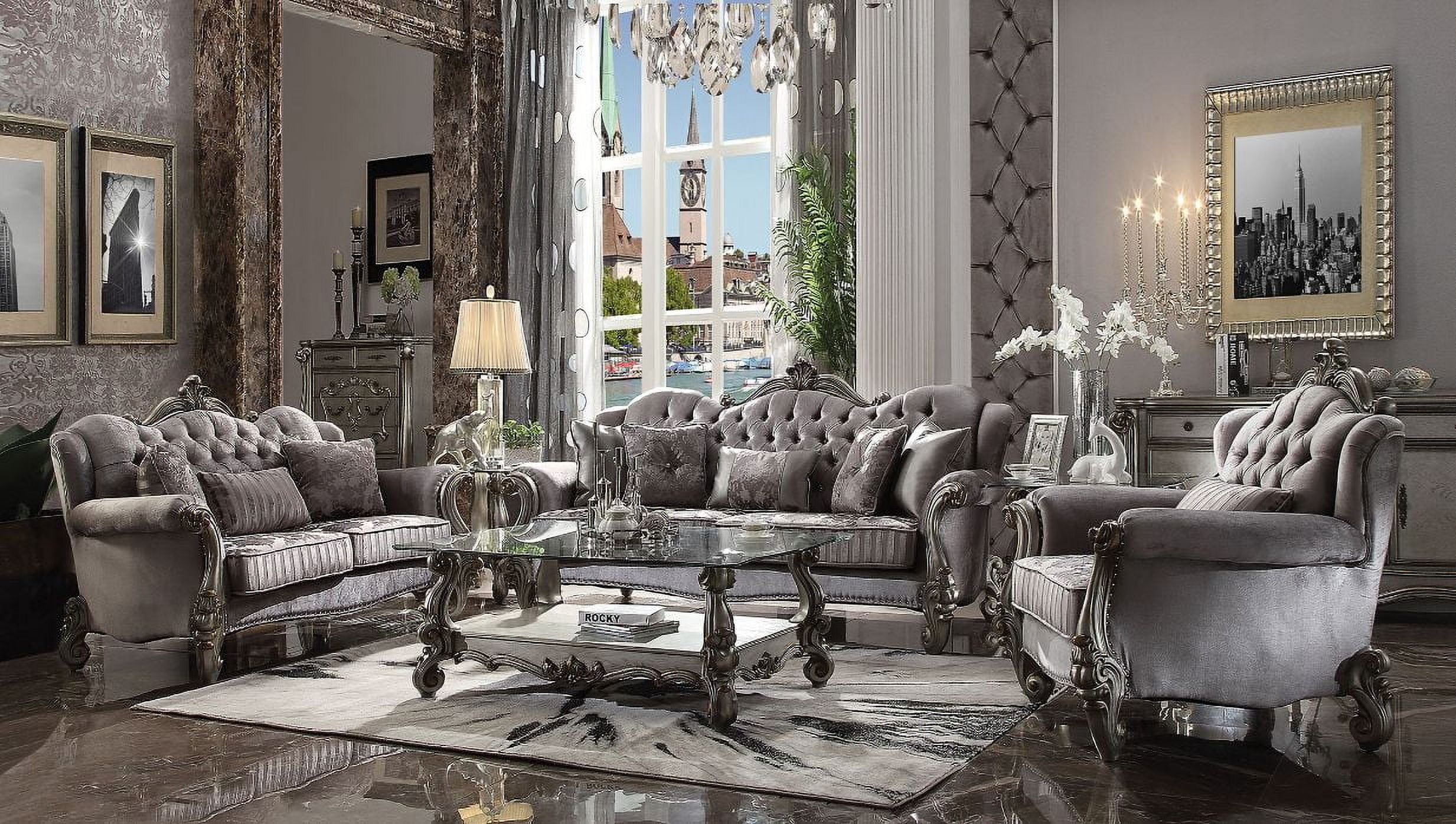 Versailles Antique Platinum 100'' Velvet Tufted Sofa with Nailhead Trim