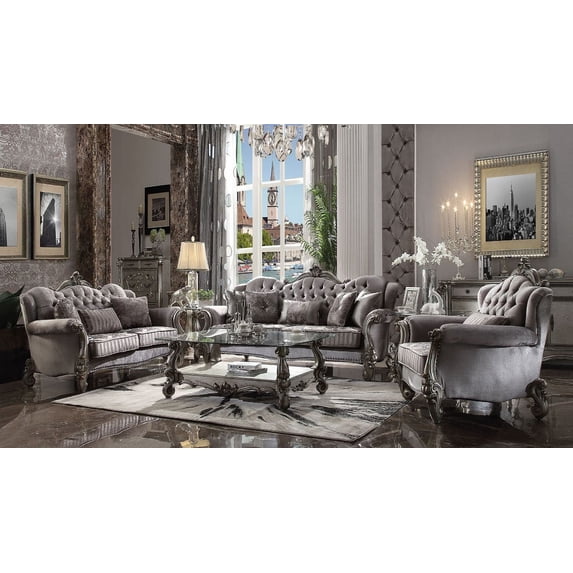 ACME Versailles Velvet Tufted Nail-head Trim Sofa in Antique Platinum and Silver