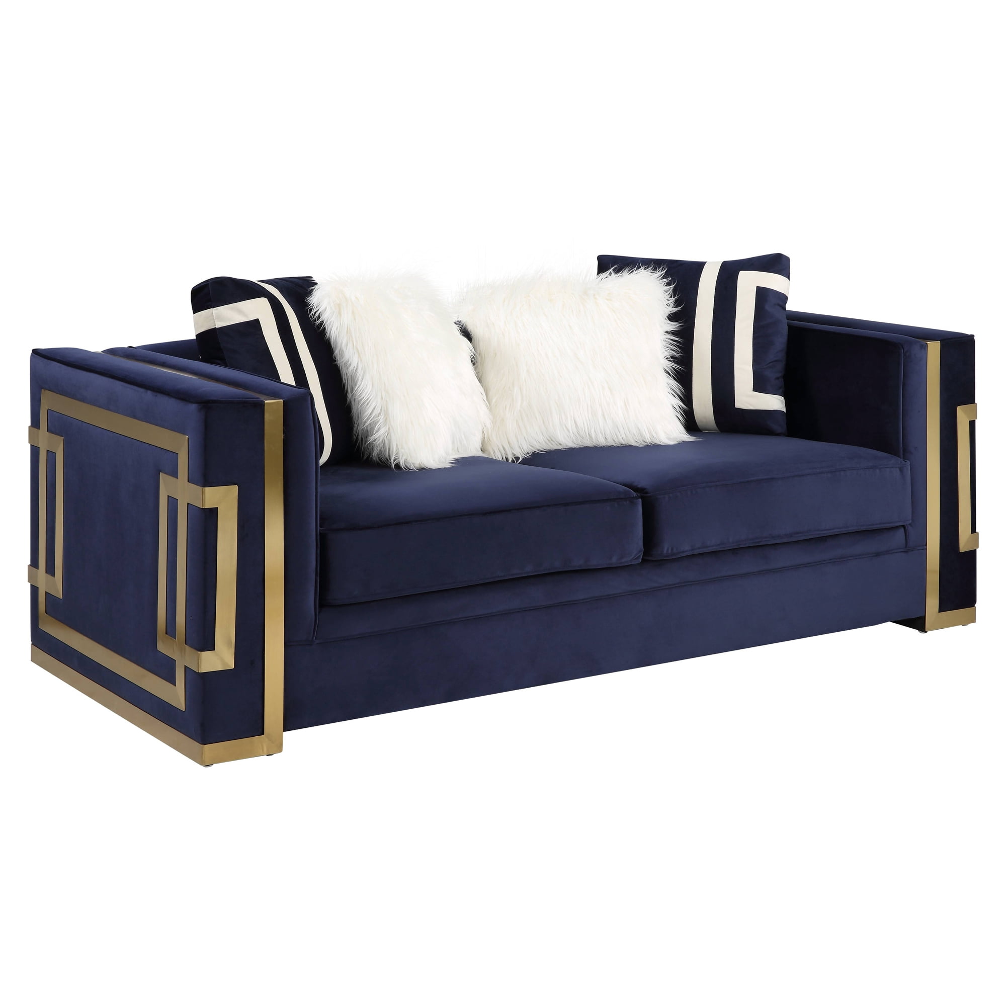 80" Blue Velvet Loveseat with Gold Metal Trim
