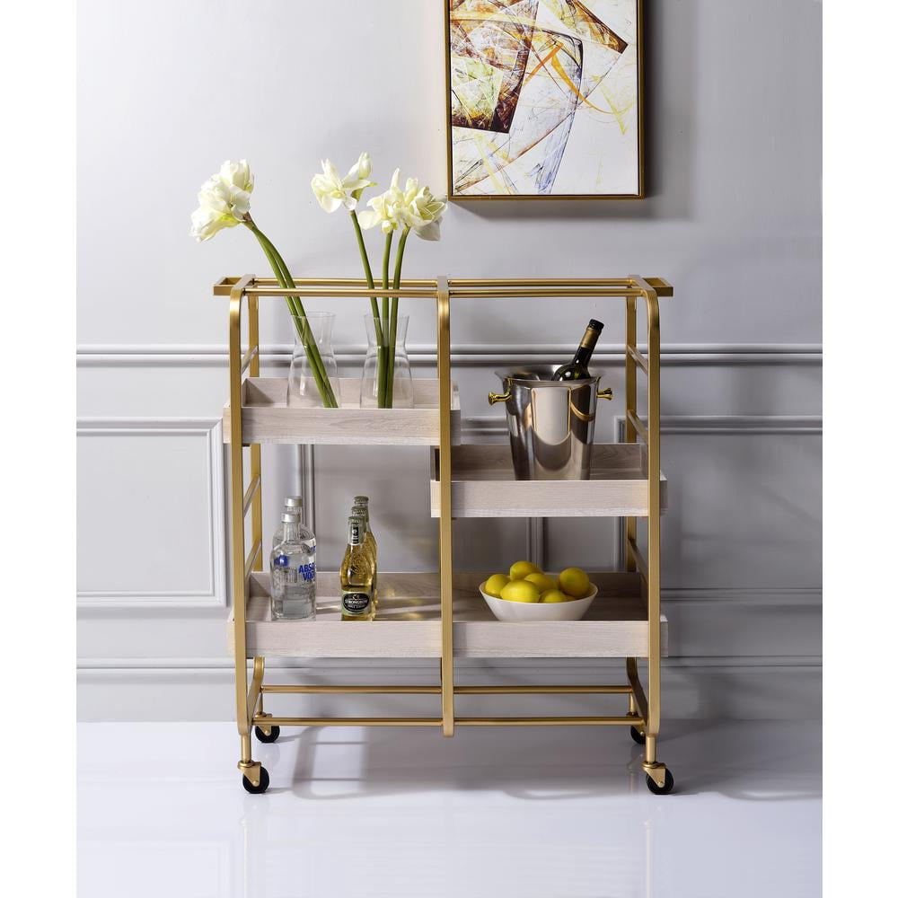 Vorrik Gold & White-Washed Industrial Serving Cart with Wooden Trays