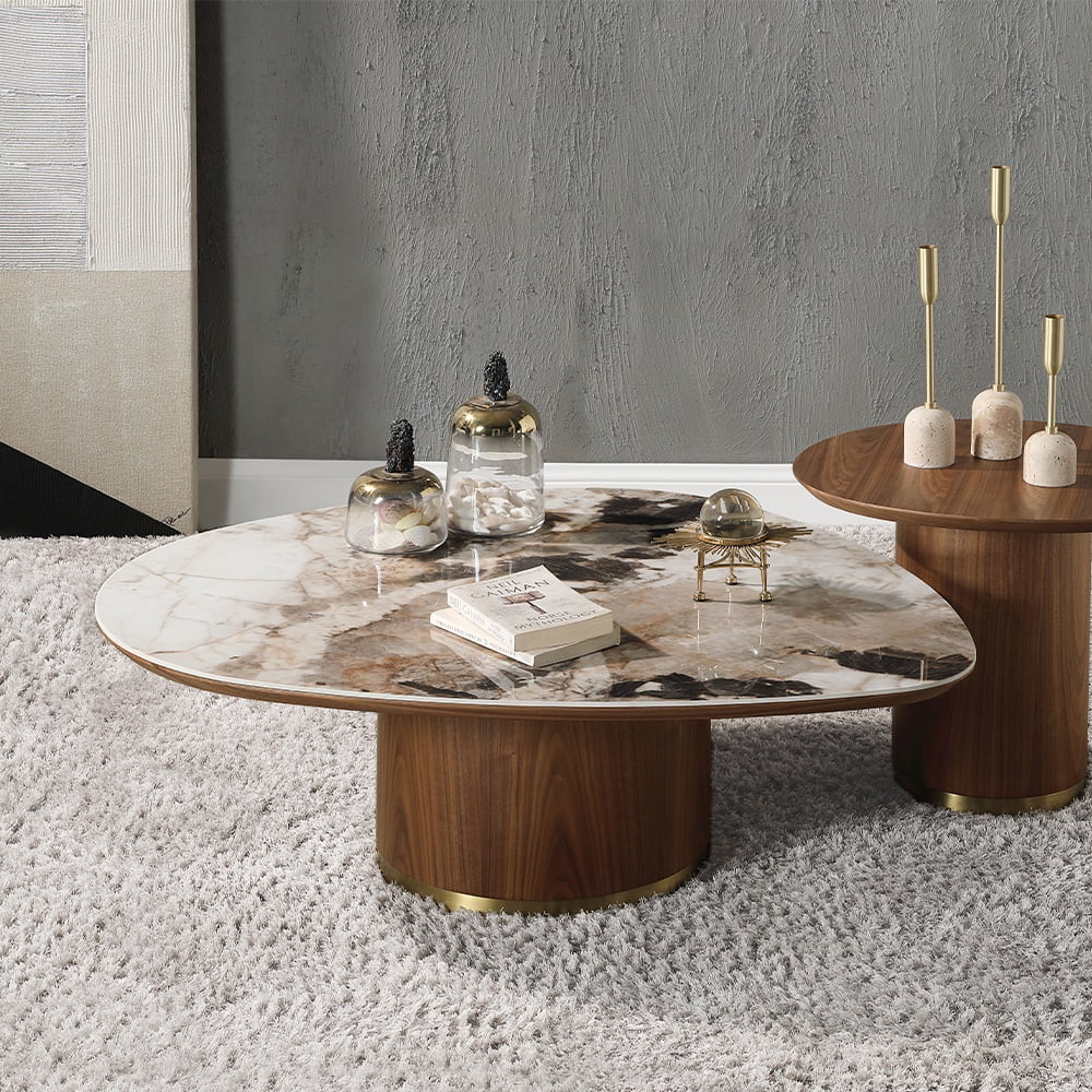 Willene 43" Oval Ceramic Top Coffee Table with Walnut Base