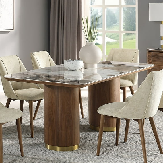 ACME Willene Contemporary Wood Dining Table with Ceramic Top in Walnut