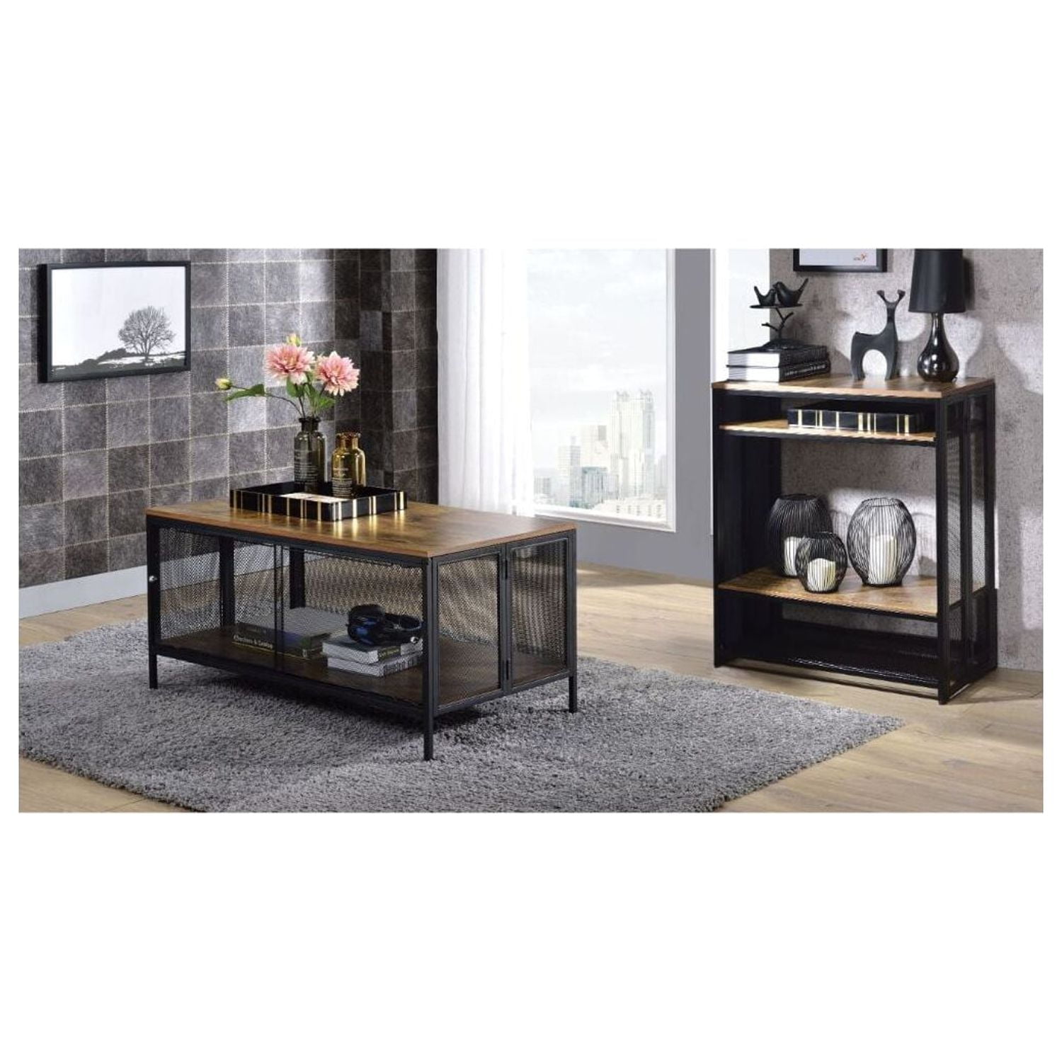 Antique Oak and Black Rectangular Coffee Table with Storage