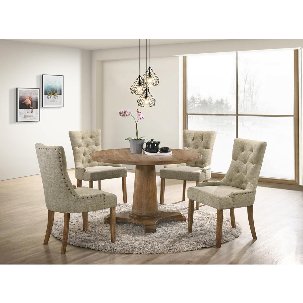 Beige Upholstered Side Chair with Salvaged Oak Legs