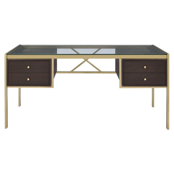 ACME Yumia Glass Top Writing Desk in Gold and Clear Glass