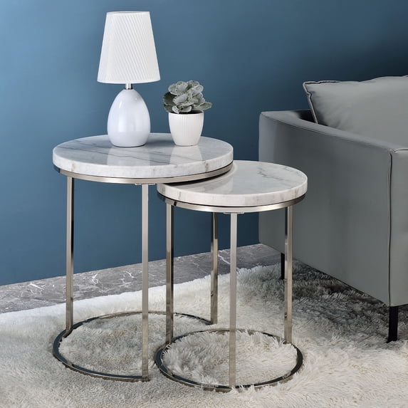 ACME Zaidee Metal Nesting Table Set with Marble Top in Nickel (Set of 2)