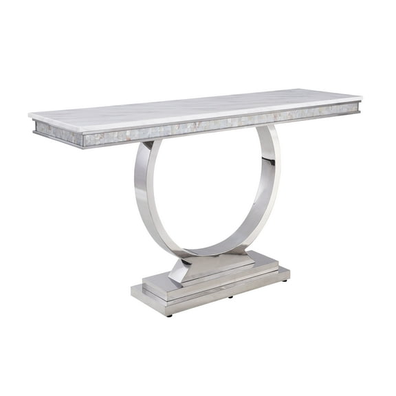 Acme Zander Sofa Table White Engineered Marble & Mirrored Silver