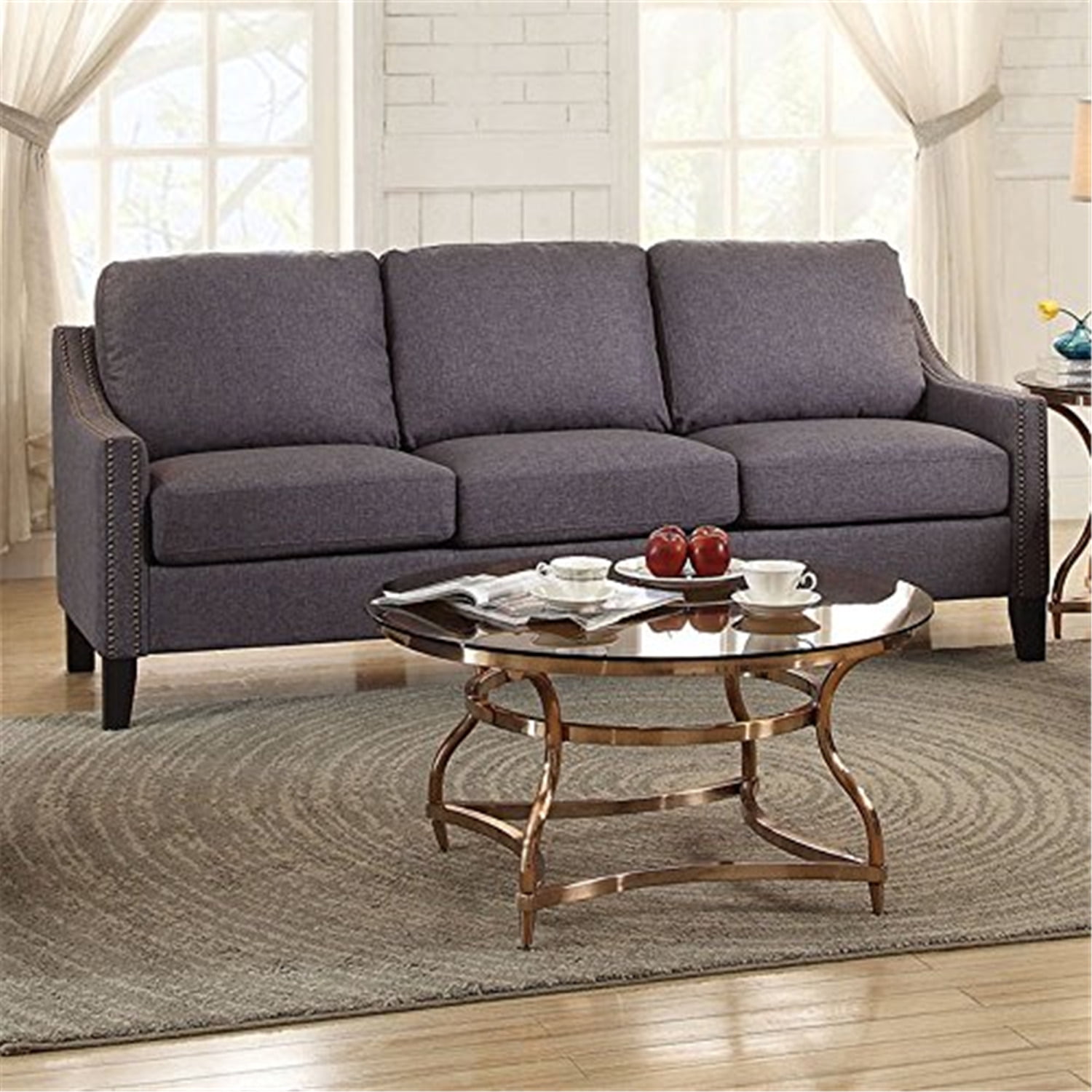 Zapata Gray Linen Sloped Arm Sofa with Nailhead Trim