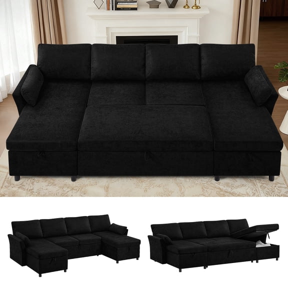 ACMEASE 107 Inches Fabric Sectional Sofa with Pull Out Sofa Bed, Modern U Shaped Sofa with Throw Pillows, Comfortable Sleeper Couch with Storage Chaise for Living Room, Black