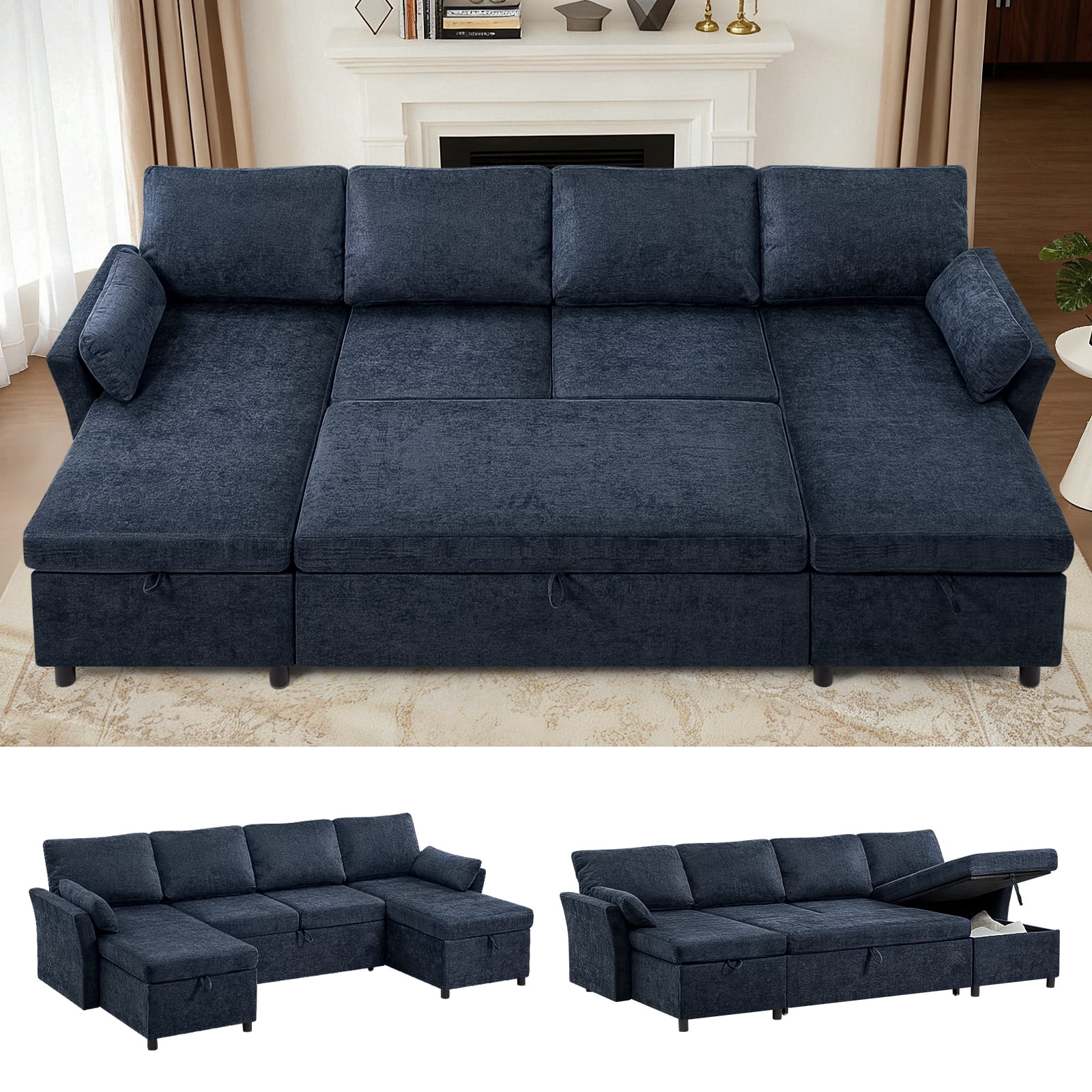 ACMEASE 107 Inches Fabric Sectional Sofa with Pull Out Sofa Bed, Modern U Shaped Sofa with Throw Pillows, Comfortable Sleeper Couch with Storage Chaise for Living Room, Blue
