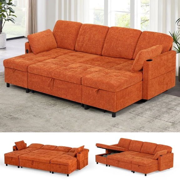 ACMEASE 108" Chenille Sectional Sleeper Sofa w/Adjustable Backrests, Pull Out Sofa Bed w/USB Charger Port& Reversible Storage Chaise,Convertible U-Shaped Sofa with Cup Holders for Living Room, Orange