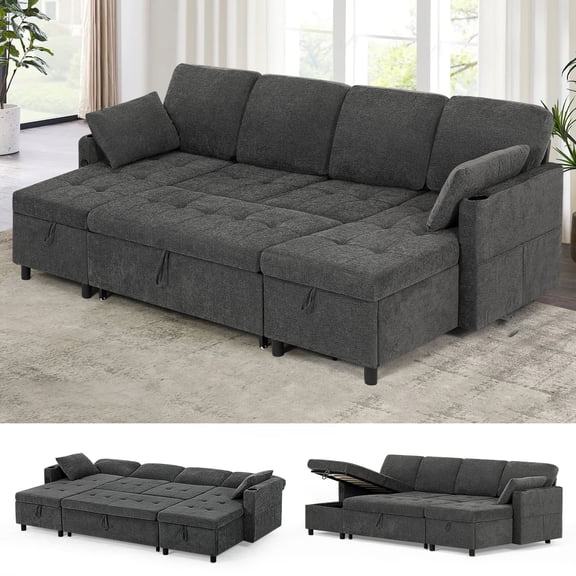 ACMEASE 108" Fabric Sectional Sleeper Sofa w/Adjustable Backrests, Pull Out Sofa Bed w/USB Charger Port& Reversible Storage Chaise,Convertible U-Shaped Sofa with Cup Holders for Living Room,  Gray