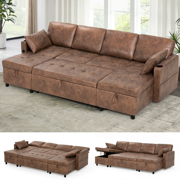 ACMEASE 108" Suede Leather Sectional Sofa w/Adjustable Backrests, Pull Out Sofa Bed w/USB Charger Port& Reversible Storage Chaise,Convertible U-Shaped Sofa with Cup Holders for Living Room,Brown