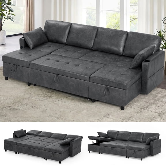 ACMEASE 108" Suede Leather Sectional Sofa w/Adjustable Backrests, Pull Out Sofa Bed w/USB Charger Port& Reversible Storage Chaise,Convertible U-Shaped Sofa with Cup Holders for Living Room,Grey
