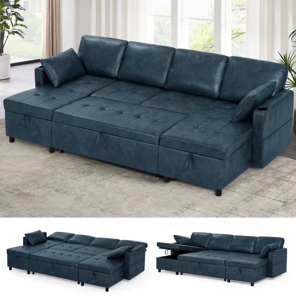 ACMEASE 108" Suede Leather Sectional Sofa w/Adjustable Backrests, Pull Out Sofa Bed w/USB Charger Port& Reversible Storage Chaise,Convertible U-Shaped Sofa with Cup Holders for Living Room,Blue